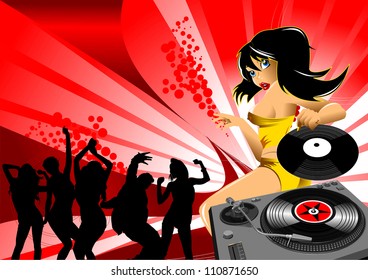 Vector party illustration about a beautiful sexy woman on a music and disco theme;