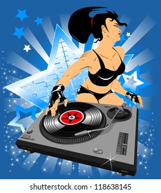 Vector party illustration about a beautiful sexy woman on a music and disco theme;