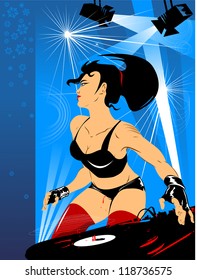 Vector party illustration about a beautiful sexy woman on a music and disco theme;