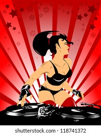 Vector party illustration about a beautiful sexy woman on a music and disco theme;
