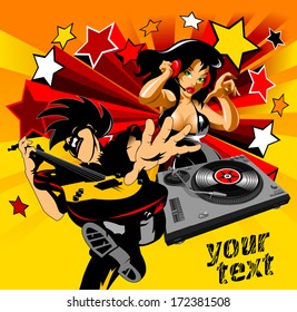 Vector party illustration about a beautiful sexy woman on a music and disco theme