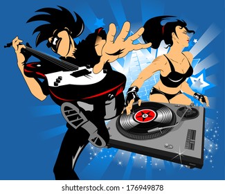Vector party illustration about a beautiful sexy woman on a music and disco theme