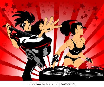 Vector party illustration about a beautiful sexy woman on a music and disco theme; 