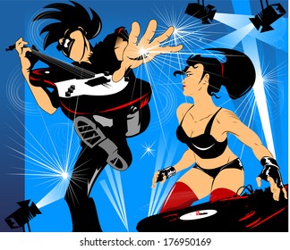 Vector party illustration about a beautiful sexy woman on a music and disco theme; 