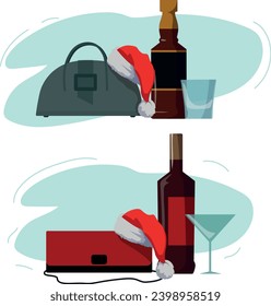 Vector party illustration. Set of liquor bottles and women's accessories