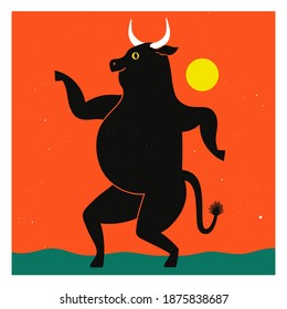 Vector party illustration with smiling dancing black bull. Happy ox Year simple banner template, greeting card design. Chinese New Year 2021 concept art