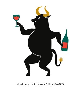 Vector party illustration with smiling dancing black bull and wine bottle and glass. Happy ox Year print template, greeting card design with animal