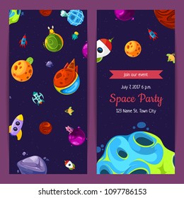 Vector party invitation color card templates with space elements, planets and ships illustration