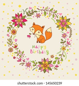 Vector party invitation with floral elements and fox.