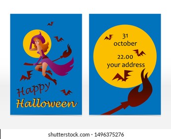 Vector party invitation vector template. Happy Halloween. Witch on a broomstick, moon, bats.