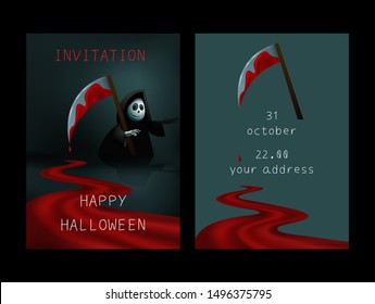 Vector party invitation vector template. Happy Halloween. Grim Reaper.