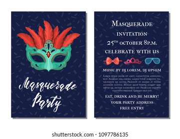 Vector party invitation template with masks and party accessories illustration