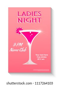 Vector party ladys night flyer or invitation card design template with cocktail glass.