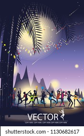 vector party on the beach on night background.full moon party