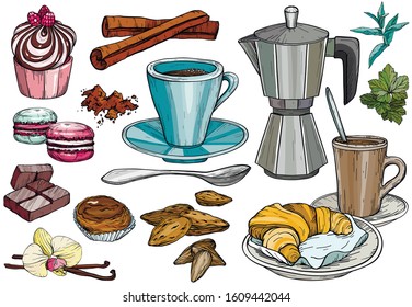 Vector Party pastry, cakes and sweets icons. Hand drawn illustration with Cakes and cupcakes. Coffee and Teatime set.