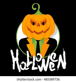 Vector party poster template. Halloween pumpkin with glowing eyes dressed in jacket. Flat cartoon illustration. Objects isolated on black background.