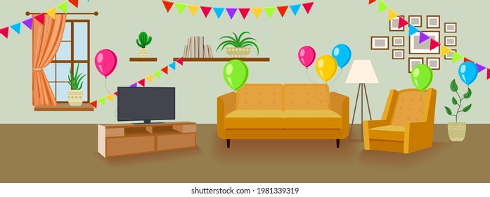 Vector Party Room, Birthday Surprise Party Decorations, Colorful Background Template.