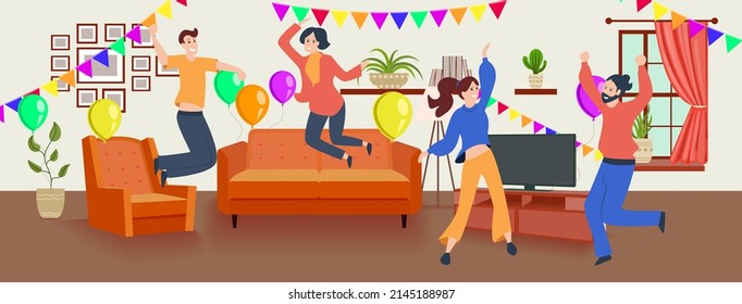 Sala de fiestas vectorial y gente de fiesta, decoración de fiestas de cumpleaños, plantilla de fondo colorida, amigos que se divierten juntos.