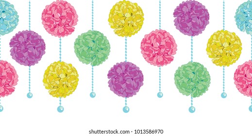 Vector Party Set of Hanging Pastel Colorful Birthday Party Paper Pom Poms and Beads Horizontal Seamless Repeat Border Pattern. Great for handmade cards, invitations, wallpaper, packaging, nursery