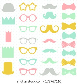 Vector party set.  Retro mustaches, glasses, bows and crows. Kid's elements for scrap-booking. Childish background.