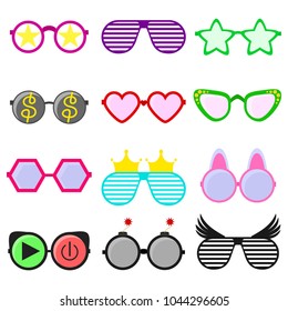 Vector party sunglasses or eyeglasses set in funny shape. Accessories for hipsters fashion optical spectacles eyesight view. Colorful sunglasses icon set in flat style isolated on white background.