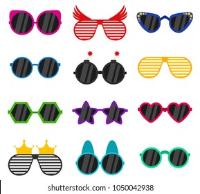 Vector party sunglasses or eyeglasses set in funny shape. Accessories for hipsters fashion optical spectacles eyesight view. Colorful sunglasses icon set in flat style isolated on white background