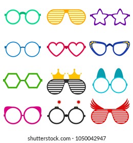 Vector party sunglasses or eyeglasses set in funny shape. Accessories for hipsters fashion optical spectacles eyesight view. Colorful sunglasses icon set in flat style isolated on white background