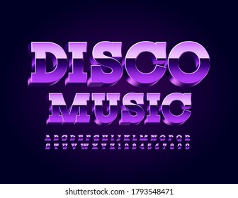 Vector party template Disco Music. Violet metallic Font. Reflective 3D modern Alphabet Letters and Numbers