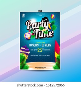 Vector Party Time Flyer Design with element in the beach