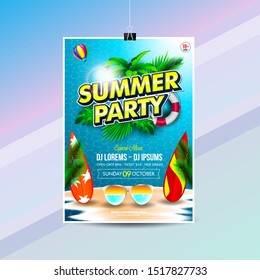 Vector Party Time Flyer Design with element in the beach