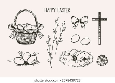 Vector Paschal doodle with basket of chicken eggs, willow branches, flower, bow, birds nest with Christians eggs, spring Christian motif in engraved vintage style. Hand drawn festive spring set 