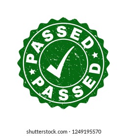 Vector Passed grunge stamp seal with tick inside. Green Passed imprint with draft style. Round rubber stamp imprint.