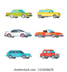 Vector passenger cars set in half isometric flat style