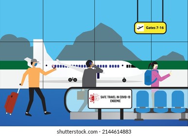 A vector passenger moving to departure gate and safe travel in covid-18 endemic signboard at airport terminal with aeroplane insight. Endemic travel concept