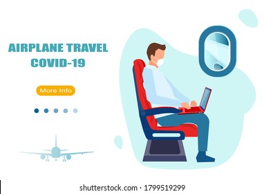 Vector of a passenger wearing face mask traveling by plane during coronavirus pandemic 