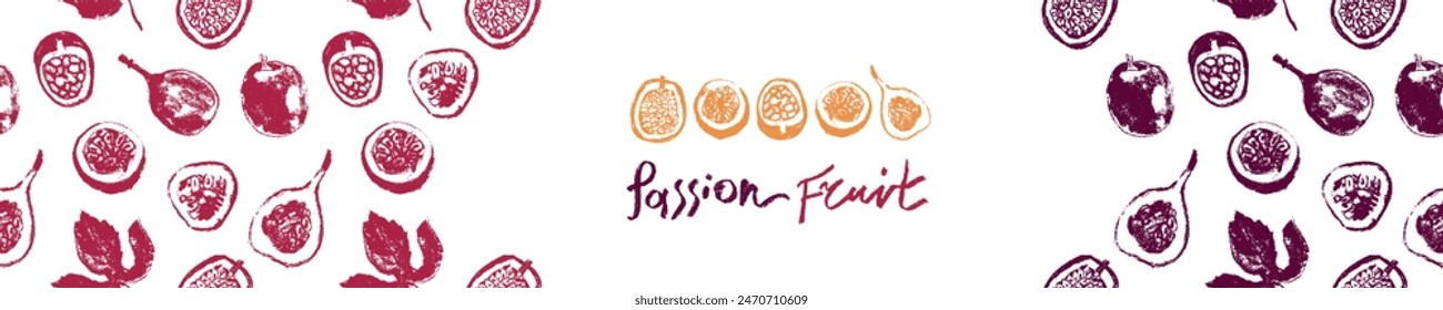 Vector passion fruit background for cosmetic label, fruits puree, juice packaging. Tropical banner template with hand drawn granadilla pattern,  passion fruit seamless pattern. Exotic fruits concept.