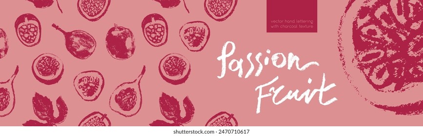 Vector passion fruit background for cosmetic label, fruits puree, juice packaging. Tropical banner template with hand drawn granadilla pattern,  passion fruit seamless pattern. Exotic fruits concept.