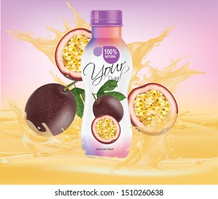 Vector passion fruit juice, fruit glass bottle with drop splash