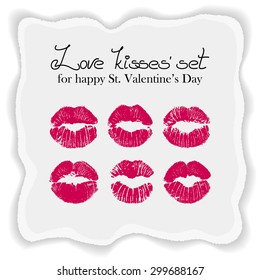 Vector passion love lip's set for Saint Valentine's day on the piece of ragged paper. Handmade font and printing font.