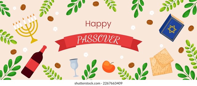 Vector Passover greeting card template banner. Pesach poster with matzo, wine bottle, candles, book, spring flowers on pink background. Jewish holiday horizontal invitation, flyer, brochure for event.