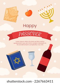 Vector Passover greeting card template banner. Pesach poster with matzo, wine bottle, candles, book on pastel pink background. Jewish holiday vertical invitation, flyer, brochure for event.