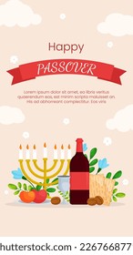 Vector Passover greeting card template banner. Pesach poster with matzo, wine bottle, candles, book, spring flowers on pink background. Jewish holiday vertical invitation, flyer, brochure for event