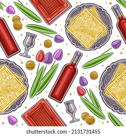 Vector Passover Seamless Pattern, square repeating background with set of cut out illustrations passover symbols, silver goblet, red wine bottle, spring flowers for jewish pesach on white background