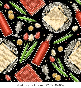 Vector Passover Seamless Pattern, square repeating background with set of cut out illustrations passover symbols, silver goblet, red wine bottle, spring flowers for jewish pesach on black background