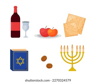 Conjunto de iconos de elementos tradicionales de la Pascua del vector. Colección de vacaciones judías. Matza, botella de vino y vidrio, torá, menorah, manzanas, nueces aisladas en fondo blanco