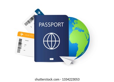 Vector passport with air tickets, globe and paper fly .Travel and vacation concept design