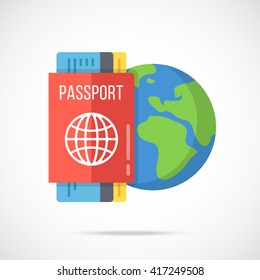 Vector Passport, Boarding Pass And Planet Earth Icon. Traveling Abroad, Vacation, Journey Around The World, Visa, Citizenship Concepts. Flat Design Vector Illustration Isolated On Gradient Background