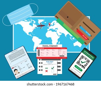 A Vector Of Passport, PCR Test Covid-19, Smartphone With Digital International Certificate Of Vaccination Result, Itinerary, Face Mask, Boarding Pass, World Map With Travel Destination And Wallet