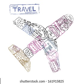 vector passport stamps in the form of a airplane - travel theme background