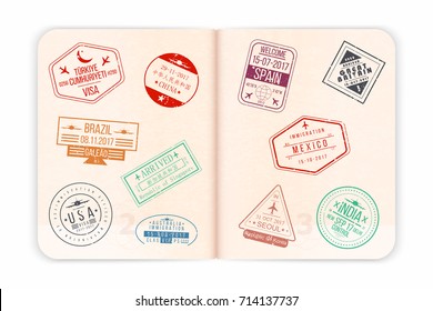 Vector passport with stamps. Open passport pages with airport stamps and watermarks. Realistic international document for travel